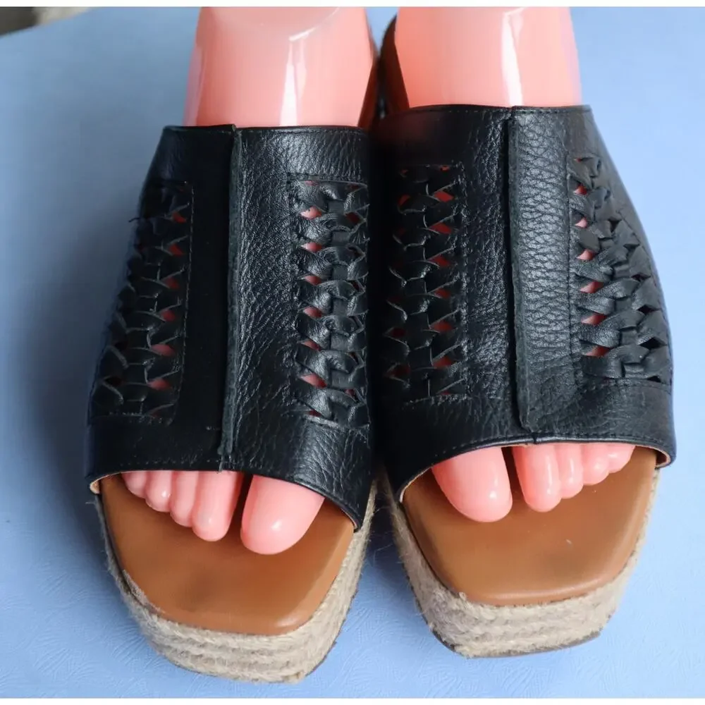 Kenneth Cole Gentle Soul Black Woven Leather Espadrille Slide Slip On Sandals 10